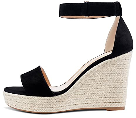 NobleOnly Plataforma Cuña Para Mujeres Sandalias Peep-Toe Tacón Alto Elegante Sandalia con Correa Tobillo Zapatos Tacón 10CM Negro Ante Zapatos EU36