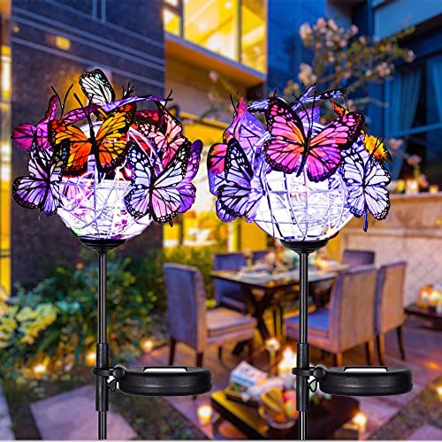 Weepong Outdoor Solar Lights 2 Pack, Solar Garden Lights with 18 Butterflies Decoration Outdoor Lamps, Waterproof Butterfly Flower Lights for Patio Yard Lawn Garden Decor, Gifts for Mom Women