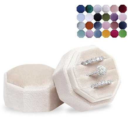 BLUTETE Velvet 3 Slots Jewelry Ring Box Engagement Wedding Box Keepsake Box Bridal Photo Ring Triple Slots Octagon (Champagne)