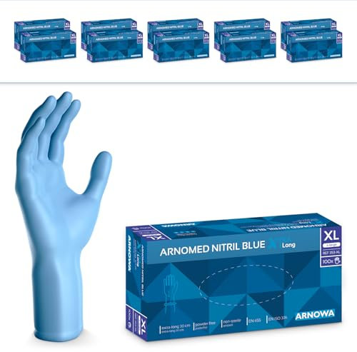 ARNOMED Einweghandschuhe Blau Extra Lang, 30cm Lange Einmalhandschuhe in XL, Nitrilhandschuhe Einweg Extra Dick, 1000 Stück, Gummihandschuhe Lang Einweg, Nitrilhandschuhe Langer Schaft in S, M, L & XL