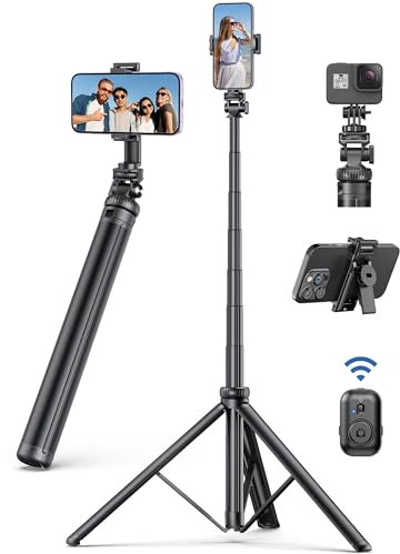 190cm Tripode para Movil, Extensible Trípode Profesional Estable Aluminiocon Palo Selfie Tripode con Control Remoto y Soporte de Teléfono, Trípode Camara Portátil Compatible con iPhone/Samsung/GoPro