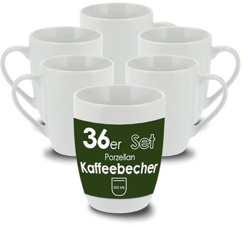 Level One 36 Stück Kaffeebecher 300ml aus hochwertigem Porzellan, Kaffeetasse in weiß, Kaffeebecher mit Henkel, Spülmaschinen- & Mikrowellengeeignet