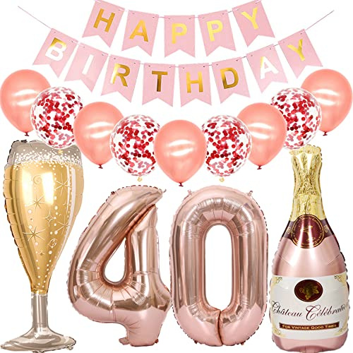 Feelairy Luftballong 40. Födelsedagsdekoration kvinna, roséguld folieballong vinflaska champagneflaska helium ballong champagneflaska, girlang Happy Birthday-dekoration för födelsedagsdekoration 40 år