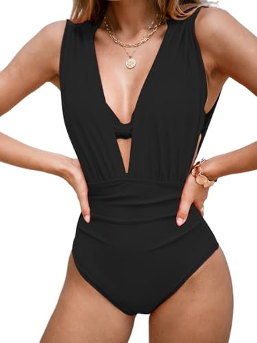 CUPSHE Maillot de bain une pièce pour femme - Col plongeant - Bretelles larges - Dos nu - Armatures froncées - Crochet - Noir - Taille M