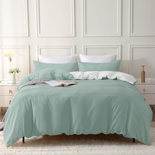 SOULFUL - Funda nórdica de 240 x 260 cm, algodón, verde Aqua Conjuntos de funda nórdica con cremallera, 100% algodón lavado, textura lino, juego de cama de 240 x 260 cm, algodón con 2 fundas de
