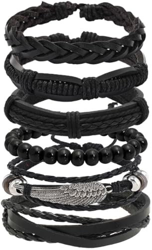 YUBBYSTU 6 Pcs Braided Leather Bracelets Leather Bracelet Black Braided Wide Wristband Women Men Punk Cuff Wrap Wristbands Adjustable