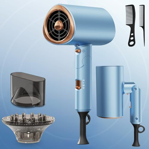 Hair Dryer【Foldable & 20M Ions】 2000W Professional, Fast Dry with 2 Speed 3 Heat, Cool Shot, Diffuser & Concentrator, Styling Combs, for Men & Women, Travel & Gym, Pearl Blue