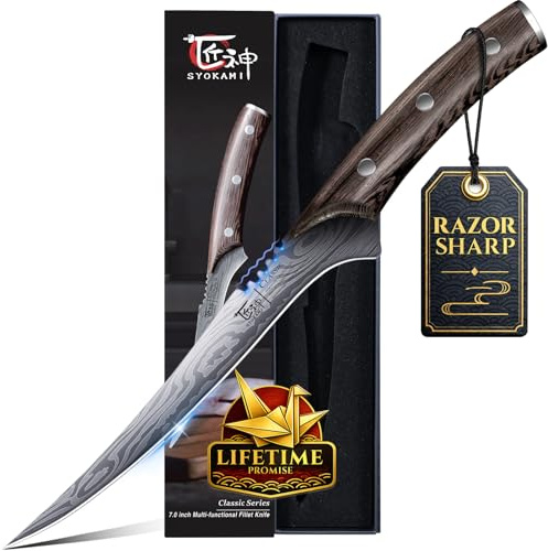 SYOKAMI Filetiermesser Rasiermesserscharf 18,3 cm Ausbeinmesser Hochflexibles Filetiermesser aus Hochkohlenstoff-Edelstahl mit Holzgriff Vollerl Damastmuster Anglermesser Geschenk für Männer