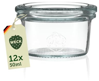 Weck Gläser 50ml – 12er Set mit Deckeln – Sturzform – robuste, stapelbare Dessertgläser, Einkoch- & Einmachgläser – klein – Weckglas ideal für Nachtisch – Made in Germany