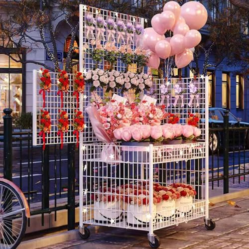 TRAGLO Carrito de Metal Plegable para Puesto de Mercado, Expositor de Rejilla con Ruedas, Carrito con Ganchos para Artesanía, Arte, Comercio Minorista y Tiendas(80x55x185cm)