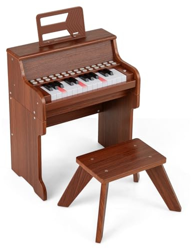 COSTWAY Wooden Kids Piano, 25 Key Toddler Digital Keyboard with Stool, Adjustable Speed & Volume, Removable Music Stand, Educational Music Instrument for Boys Girls (Brown)