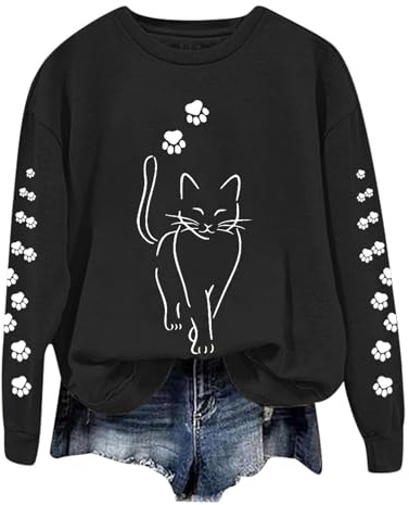 Generisch Jersey para mujer, sudadera sin capucha, manga larga, suéter de otoño, mujer, informal, bonito gato, estampado gráfico, manga larga, sudaderas sueltas, blusas