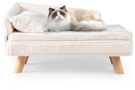 COSTWAY Cama para Gatos, mullida y Suave, sofá para Gatos medianos y pequeños, Linda Cama para Gato con Base Antideslizante, Pies de Madera, Sofá Sillón para Interior (Blanco,71 x 43 x 40 cm)