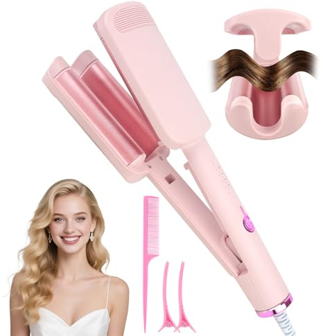 XEERUN Hair Waver Crimper, 32MM Deep Waver Curling Iron with 4 Adjustable Temp, French Egg Roll Curling Iron, Anti-Scald Mermaid Hair Wavers for Short/Long Hair, Quick & Easy, Pink