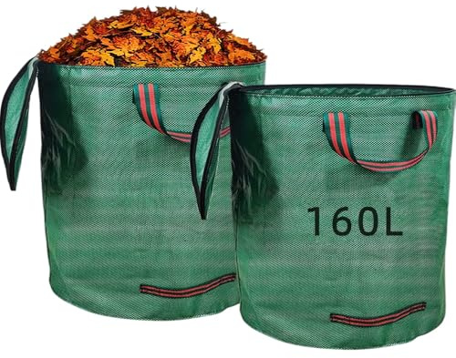 2 Sacchi Giardinaggio 160L con Coperchio a Zip, Pieghevoli con 4 Maniglie Antistrappo, Riutilizzabili e Impermeabili per Raccogliere Foglie, Erba e Rifiuti da Giardino