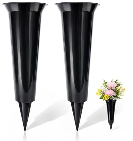 Set of 2 Grave Vases with Spike – Memorial Flower Pots for Graves, Plastic Cemetery Flower Holders, Large Vase for Graveside Flowers, Memorial Vases for Graves (Plain Black)