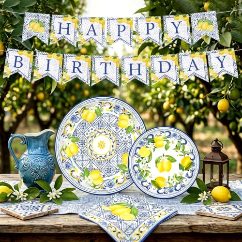 Capri Lemon Party Decorations Tableware Set with Birthday Banner Napkins | 20 Guest Tableware Set with Birthday Banner Garland Plates and Napkins Summer Birthday Party Supplies