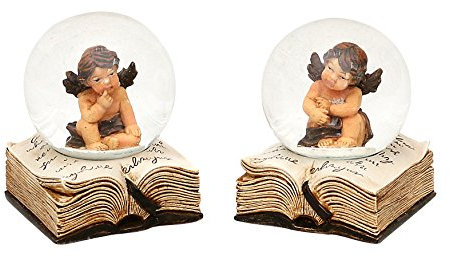 Dekohelden24 Mini sfera di neve, 2, angeli su libro, dimensioni (altezza x larghezza x diametro): circa 6,5 x 5 cm, diametro 4,5 cm, in resina, set da 2