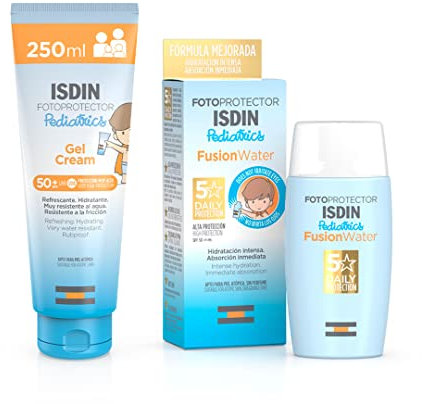 Isdin Pediatrics Gel Cream SPF 50+ - Protector solar corporal para niños, 250 ml + Fusion Water Pediatrics SPF 50 - Protector solar facial para niños, Apto para piel atópica, 50 ml