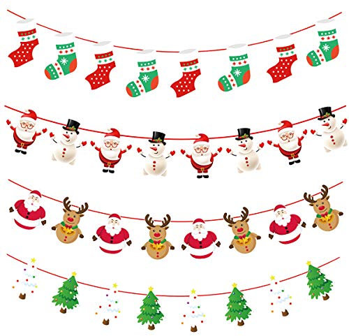 4 Stück Weihnachten Bunting Banner, Weihnachten Girlande Papier, Santa Banner Schneemann Weihnachtssocken Hängend Deko für Weihnachtsdeko Haus Party Wand Innen Außen Dekoration, 3m