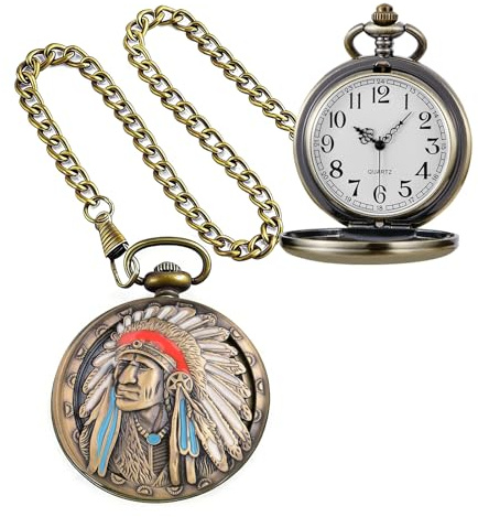 Tiong Ancient Native American Collectible Indian Pocket Watch Antique with Chain Persons of Native Heritage Gifts Fathers Days