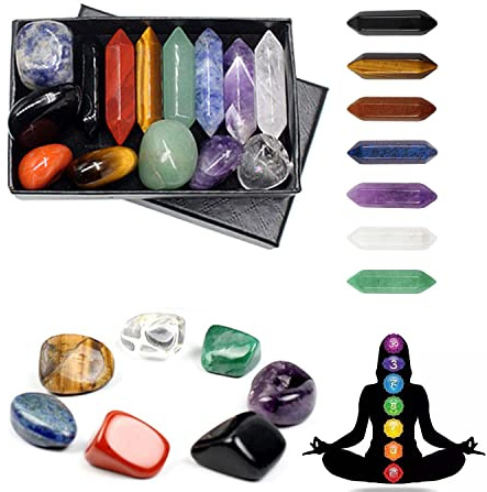 HKJHKJ Chakra sten helande kristaller set i låda, naturlig Reiki helande kristallpunkter ädelsten stav set för meditation kristallterapi ångestlindrande balanserande yogakristaller och ädelstenar för