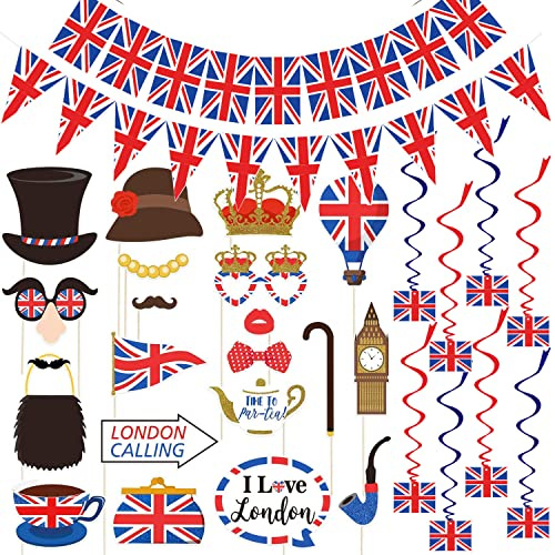 20 stycken brittiska nationaldagstillbehör med brittisk flagga, 3 vimplar, längd 10 m, 8 stycken spiraldekoration