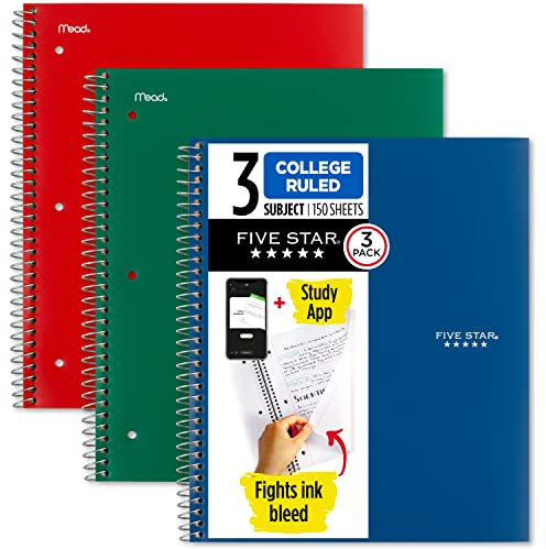 Five Star Spiral Notebook + Study App, 3 Pack, 3 Subject, College Ruled Paper, Fights Ink Bleed, Water Resistant Cover, 8-1/2 x 11, 150 Sheets, Green, Red, Blue (820193)