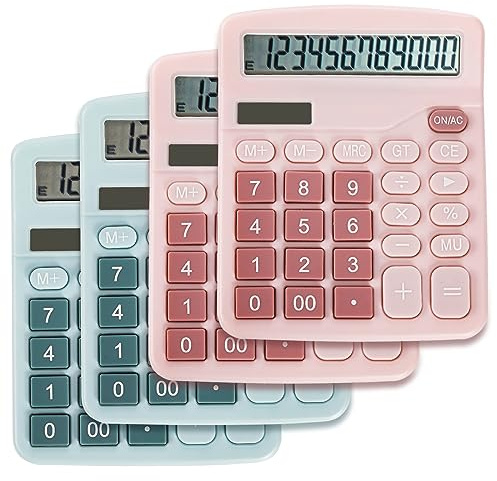 Noamus 4 Pack Handheld Desktop Calculators, Solar Battery Dual Power Basic Calculator 12 Digit Large Display, Standard Functional Desk Calculator Big Sensitive Button for Office Home School Pink Blue