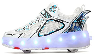 Funthy Jungen Mädchen Rollschuhe Schuhe Mit 4 Rollen Skateboardschuhe, Verstellbar Jugend Schuhe mit Rollen und LED Licht, Multifunktionale Sportschuhe Outdoorschuhe für Kinder Erwachsene…-Weiß||41
