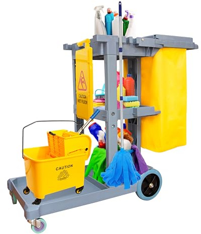 Berry Cleaning Trolley on Wheels | Janitorial Cart with Mop Holders | Commercial Janitor Utility Cart with Detachable Cloth Bag | Housekeeping Cleaning Cart for Restaurants, Malls, Hospitals