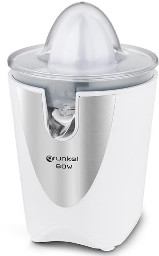 Grunkel - Exprimidor de naranjas o cítricos Eléctrico - Dos Conos Intercambiables - Boquilla de Acero Inoxidable - Filtro de Pulpa (Blanco)