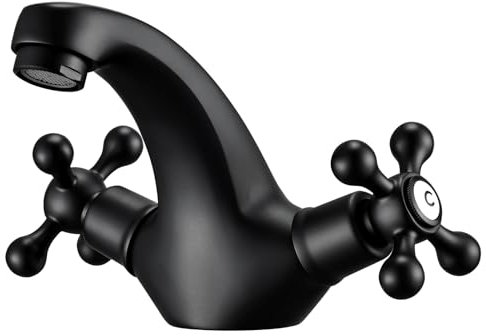 Peppermint Grifo monomando para lavabo, color negro victoriano, con doble palanca cruzada, grifos tradicionales para lavabo de baño, cuello de cisne vintage, negro mate