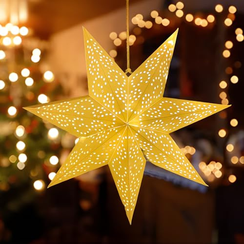 Nircho Julstjärna upplyst, 45 cm, 3D, vikbar pappersstjärna, hängande julstjärna, upplyst, juldekoration, inomhus, pappersstjärna, belysning, julfest, stjärna, ljusslinga (prickig)