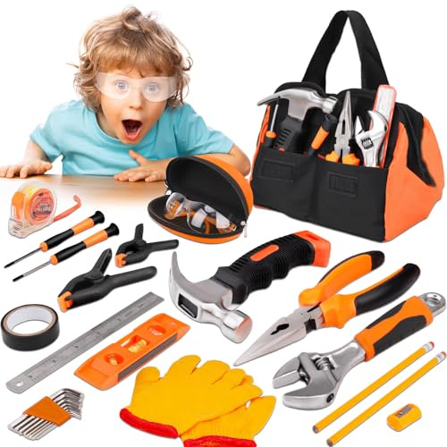 27PCS Orange Kids Tool Set with Tool Storage Bag, Real Hand Tools Kit for Boys Girls, Children Learning Tools for DIY Building, Woodworking & Construction, 6 7 8+ Year Old Boy Easter Birthday Gift