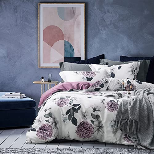 MILDLY Juego de ropa de cama 100% algodón, estructura de lino, morado (Nillss), diseño floral, transpirable, hipoalergénico, cómodo, reversible, 140 x 200 cm + 1 funda de almohada 65 x 65 cm, 2