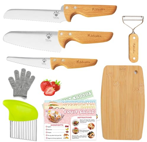 Kibbidea Kids Safe Knife set for Real Cooking, 11-Piece Kids Cutting Board & Kitchen Knife Set, BPA-free, Stainless Steel Blade, Wooden Handle, Peeler & Gloves, Serrated Child Friendly Chef Knives.