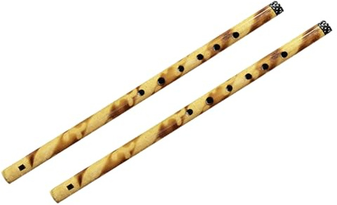 Decorative Traditional Handmade Wooden Bamboo Flute Basuri Indian Musical Instrument for gifting and Decoration (Brown - Set of 2)