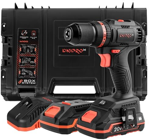 Dnipro-M Taladro Percutor a Bateria CD-201HBC Compact - Destornillador Electrico 20V sin Escobillas con 45Nm, Mandril 13 mm, Kit Completo con 2 Baterías 2Ah, Cargador de Bateria y Caja de Herramientas