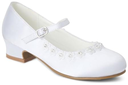 Girls' White Satin Mary Jane Shoes, Low Heel with Diamante Detail, Communion Wedding Party Special Occasion