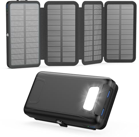 Cargador Solar 20000 mAh - A ADDTOP Batería Externa Solar Carga rápida 3 Salidas con 4 Paneles solares Plegables Cargador portátil para teléfonos móviles, iPhone 17 16 15 14 13 12 11 tabletas Negro