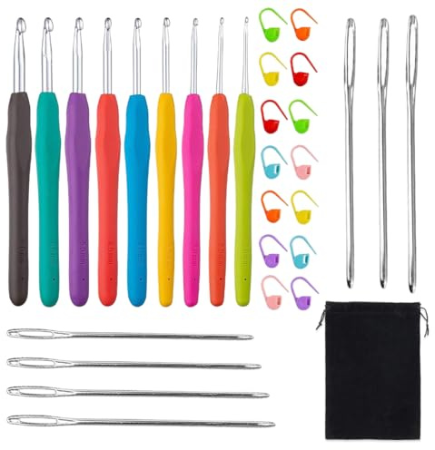 YUVKIN Set di uncinetti ergonomico con impugnatura morbida in silicone, 9 (Dimensioni: 2-4mm), 14 pennarelli, 7 aghi, strumenti per principianti del lavoro a maglia fai-da-te