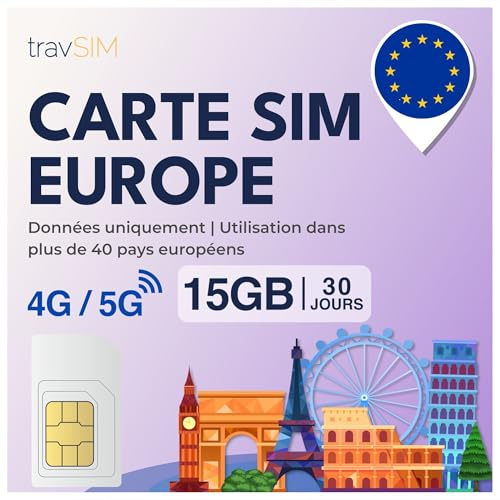 travSIM SIM-kort Europa Internet | 30 dagar – 15 GB | SIM-kort Europa, Tyskland, Frankrike, Spanien, Italien, Nederländerna och mer | Tillgång till Google, Facebook, Whatsapp med mera | 0