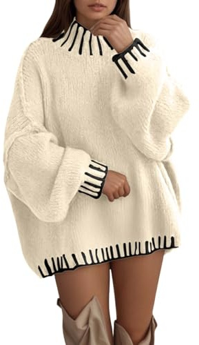 Maglione da donna a maglia grossa con frange, taglio largo, in stile bohémien, morbido maglione invernale con collo alto e treccia, Stil_r03 Bianco, XL