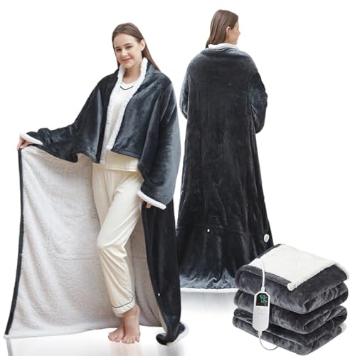 Electric Heated Blanket, 127*177CM Wearable Heated Blanket, Smart Electric Blanket with Foot Pockets, Heated Throw Shawl with Sleeves, 8 Heat Settings & 6 Timer Settings (Black, with Foot Pocket)