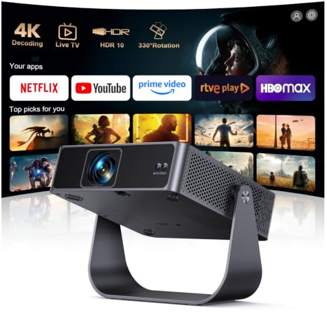 Proyector Portatil【Netflix Ready+TV Directo】 Proyector 4K App Integrada Auto Focus/Keystone 1080P FHD Nativo con HDR10, Giro 330° WiFi Bluetooth Mini Proyectors Projector Cine en Casa/Exterior/HDMI