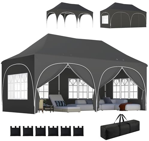 Outsunny Tonnelle Pliante 3x6m Imperméable Anti-UV 6 Parois 6 Sacs Gris | Barnum, Tente de Réception, 12 Trous de Drainage, Pavillon Pop-Up, 4 Fenêtres Église, Mariage, Marché