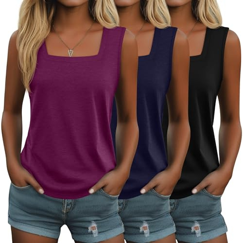 Suilung Lot de 3 Débardeurs pour Femme Hauts sans Manches Décontractés pour l'Été Coupe Ample et Col Carré(L,Fuchsia, Bleu Marine, Noir)