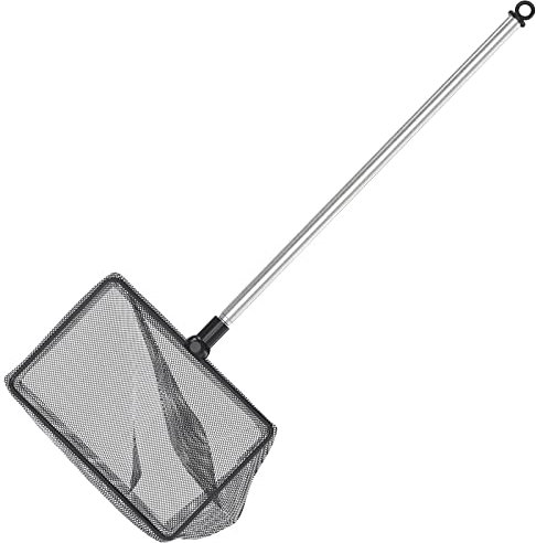 Uniclife 11.5cm Aquarium Fish Net with Telescopic Stainless Steel Handle Larger Square Net with Soft Fine Mesh Sludge Food Residue Wastes Skimming Cleaning Net for Fish Tanks Small Koi Ponds and Pools