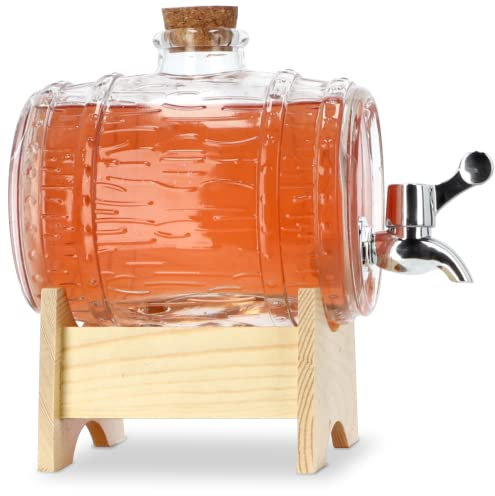 KADAX Fass mit Hahn, fassförmiger Getränkespender aus Glas 1-3L, Fass mit Zapfhahn, transparenter Spender mit Holzuntersatz, Alkoholspender ideal für Whisky, Brandy, Säfte, Limonade (1L)